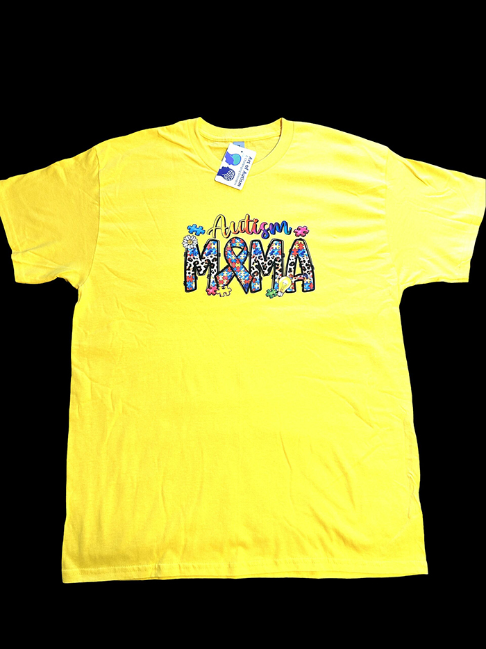 Yellow T-shirt with "Autism Mama" printed on it